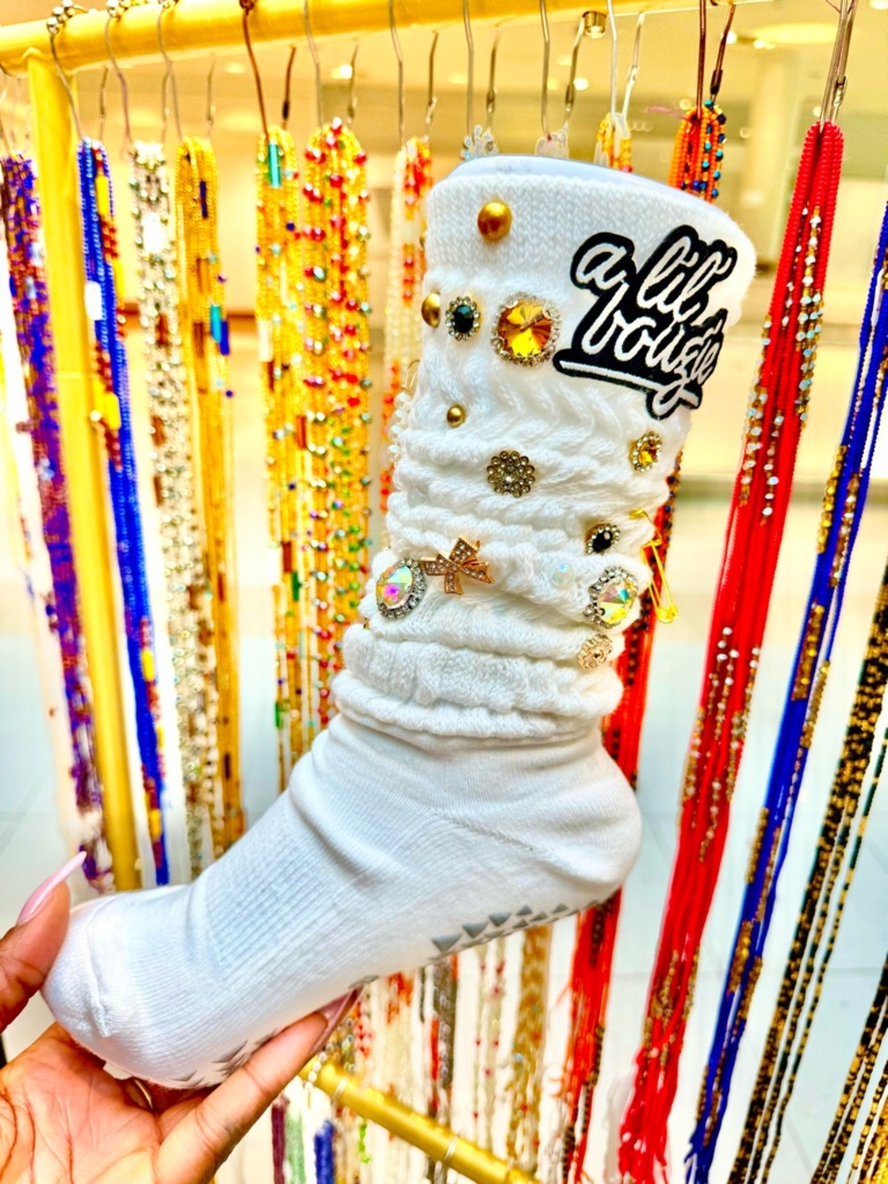 White Embellished Crew Socks with 'a lil bougie' Patch